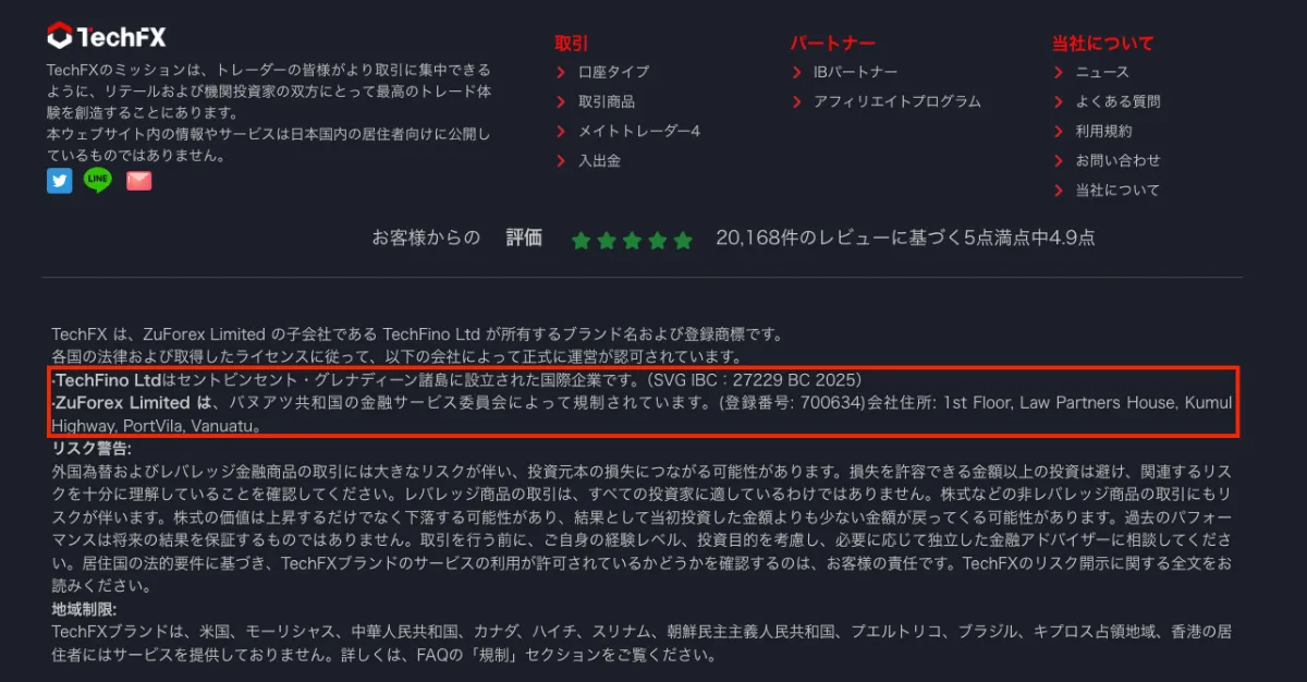 金融ライセンスの情報が明記されている